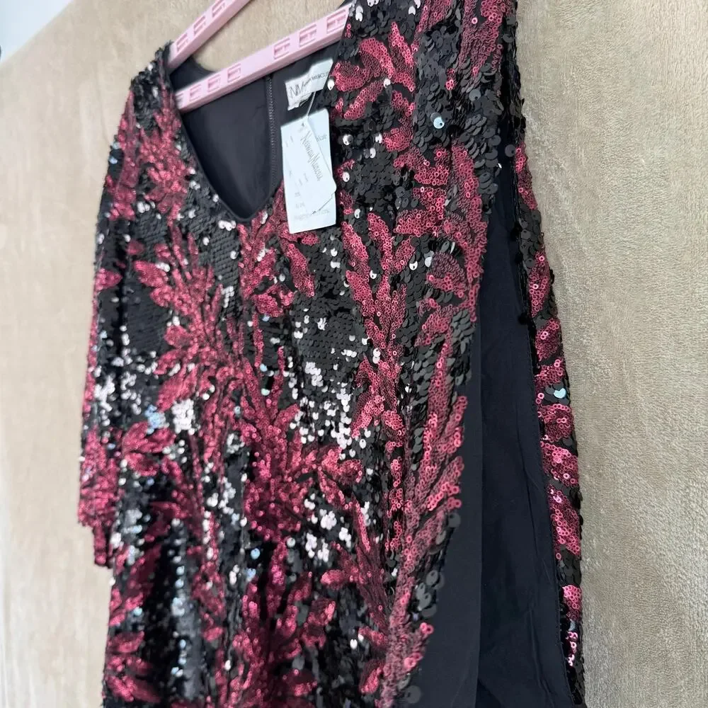 NWT Neiman Marcus Sequin Cocktail Dress Size 10 Split Sleeve maroon black Party